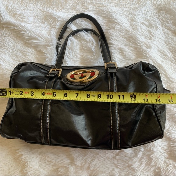 SOLD 🔵 Authenticated Gucci Brit Boston Bag. Black Patent Leather. - Picture 9 of 15